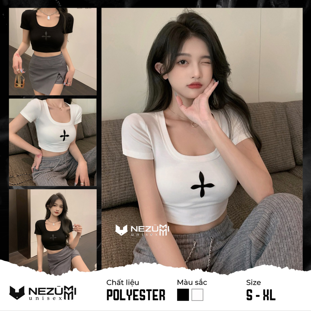 (Sẵn đen, trắng M L) Áo thun cộc tay croptop hở eo cổ vuông in chữ thập dấu cộng màu trơn tập gym sexy dance