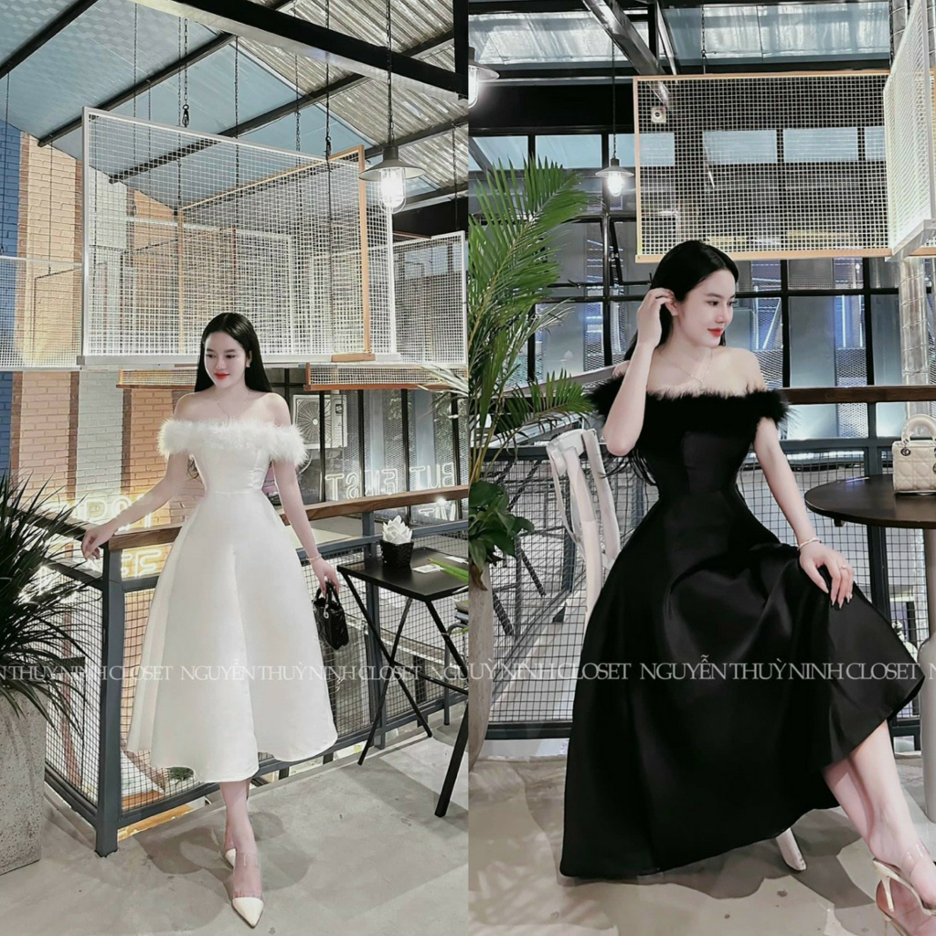 Đầm trễ vai công chúa dáng xòe midi sang chảnh, xinh xắn thích hợp đi tiệc, dạ hội