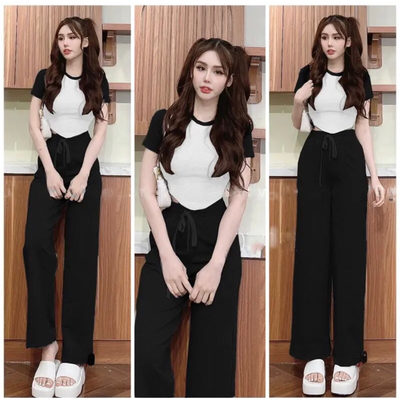 Set Quần Ống Suông + Áo Croptp Chất Liệu Thun Tăm Siêu Hack Dáng