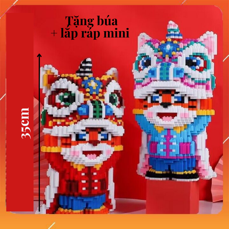 Mô hình lắp ráp 02 hổ múa lân tặng búa + lắp ráp mini, quà tặng, quà sinh nhật, đồ chơi