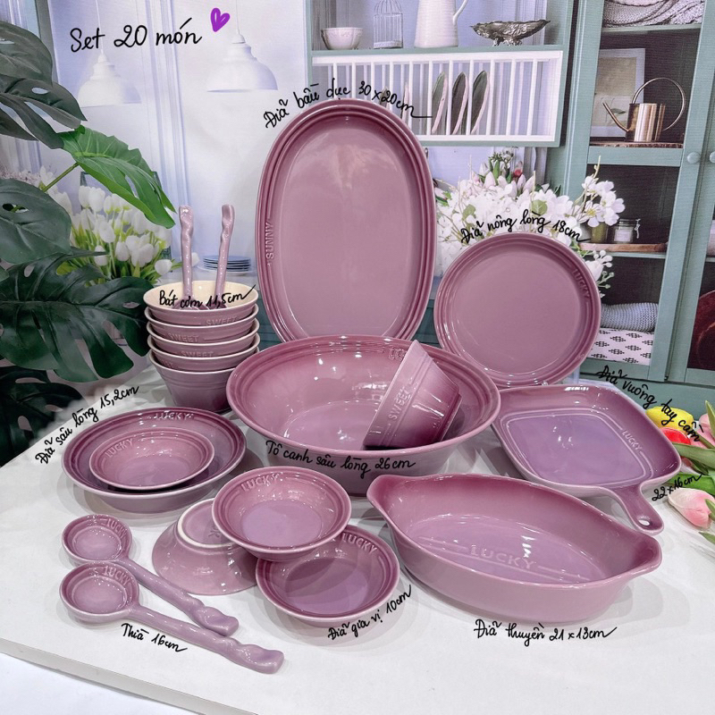 HÀNG CÓ SẴN Bộ bát đĩa sứ ăn cơm Lucky hồng, xanh pastel, quà tặng tân gia sinh nhật 8/3 GỐM SỨ CAO CẤP