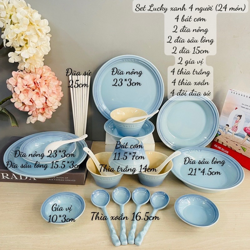 HÀNG CÓ SẴN Bộ bát đĩa sứ ăn cơm Lucky hồng, xanh pastel, quà tặng tân gia sinh nhật 8/3 GỐM SỨ CAO CẤP