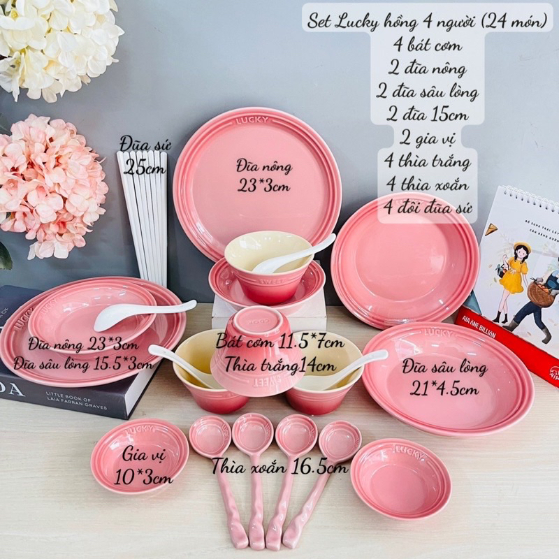 HÀNG CÓ SẴN Bộ bát đĩa sứ ăn cơm Lucky hồng, xanh pastel, quà tặng tân gia sinh nhật 8/3 GỐM SỨ CAO CẤP