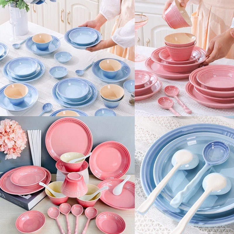 HÀNG CÓ SẴN Bộ bát đĩa sứ ăn cơm Lucky hồng, xanh pastel, quà tặng tân gia sinh nhật 8/3 GỐM SỨ CAO CẤP