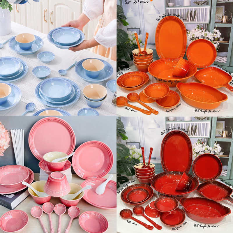 HÀNG CÓ SẴN Bộ bát đĩa sứ ăn cơm Lucky hồng, xanh pastel, quà tặng tân gia sinh nhật 8/3 GỐM SỨ CAO CẤP