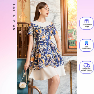 Đầm liền họa tiết quả chanh phối trắng, khoét vai 2VA0039 HESTIA DESIGN