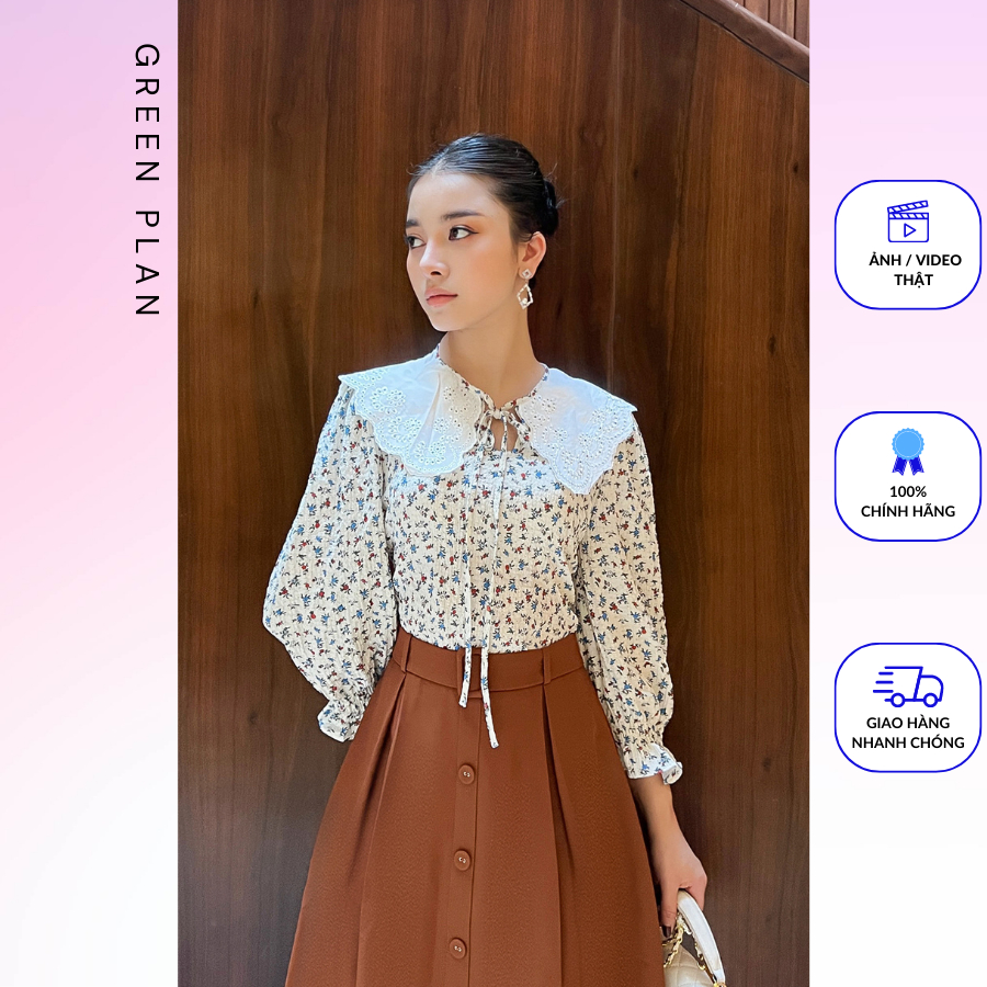 Áo sơ mi cổ sen ren vải in hoa 2AO0028 HESTIA DESIGN