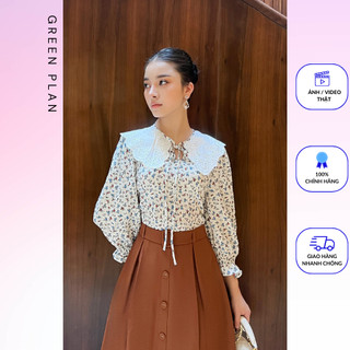 Áo sơ mi cổ sen ren vải in hoa 2ao0028 hestia design