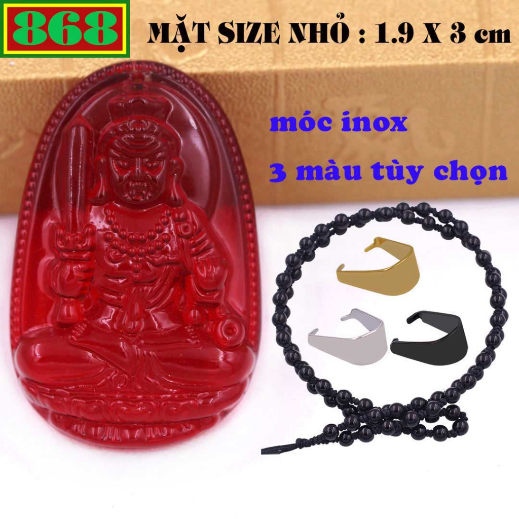 Mặt Phật Bất động minh vương pha lê đỏ 3 cm, 5 cm kèm vòng cổ hạt chuỗi đá đen + móc dây chuyền inox, Phật bản mệnh, mặt
