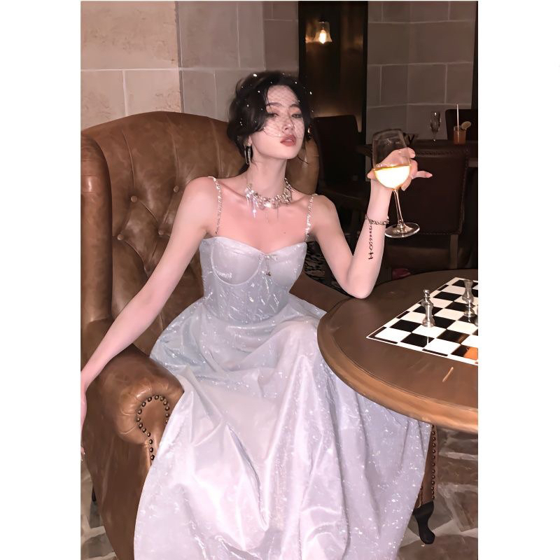 SẴN🖤 Đầm hai dây 𝓒𝓱𝓪𝓻𝓶𝓮 𝓓𝓻𝓮𝓼𝓼 nhũ đính nơ lấp lánh dự tiệc bling bling/ Váy tiểu thư sang trọng mặc sinh nhật chụp ảnh