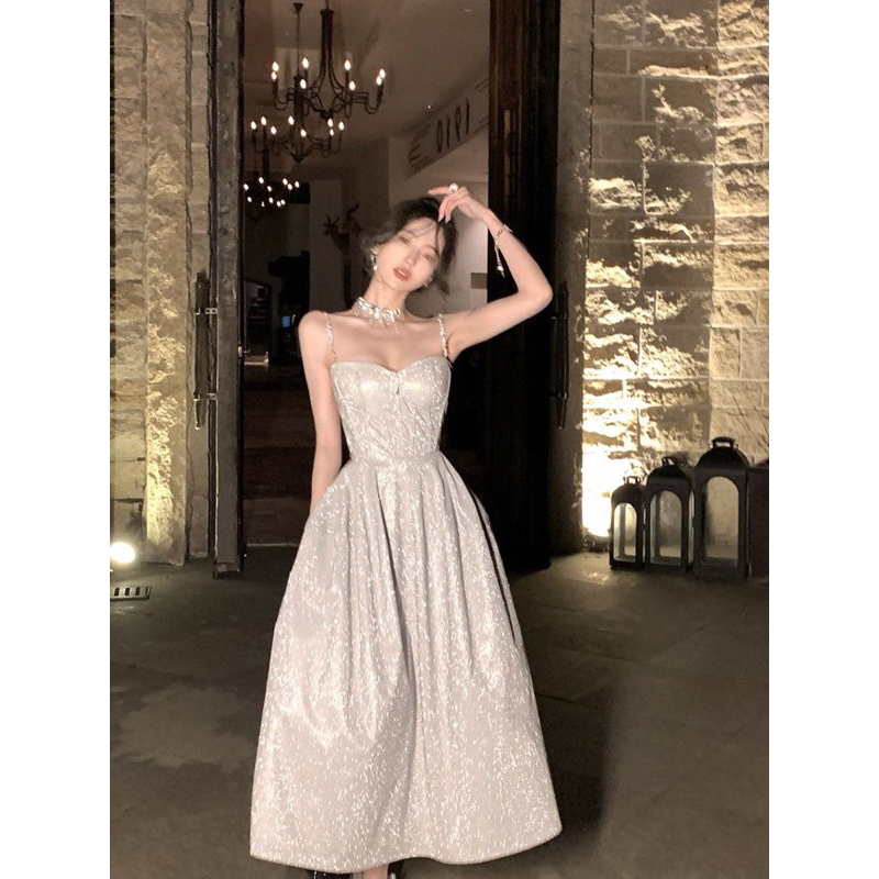 SẴN🖤 Đầm hai dây 𝓒𝓱𝓪𝓻𝓶𝓮 𝓓𝓻𝓮𝓼𝓼 nhũ đính nơ lấp lánh dự tiệc bling bling/ Váy tiểu thư sang trọng mặc sinh nhật chụp ảnh