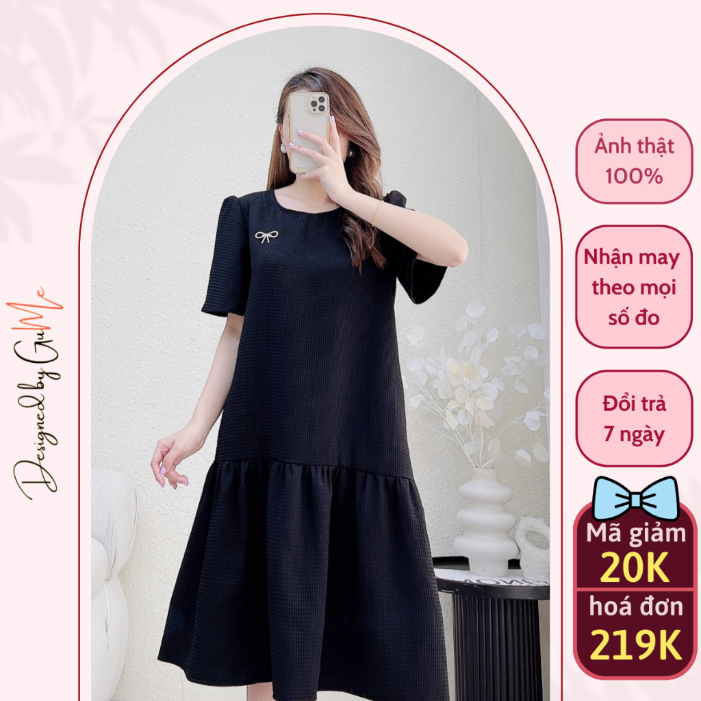 Váy bầu thu đông GUME đầm bầu babydoll công sở dự tiệc siêu xinh bigsize 40-120kg Dáng Suông  Cổ Tròn Vải Đũi Xốp GM040