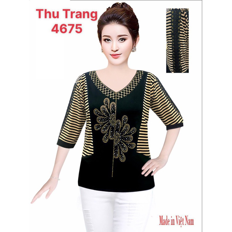 Áo Kiểu Thun Phối Sọc mặc Gọn Dáng Thời Trang đính đá quảng châu ! Form 50_65 ký vừa