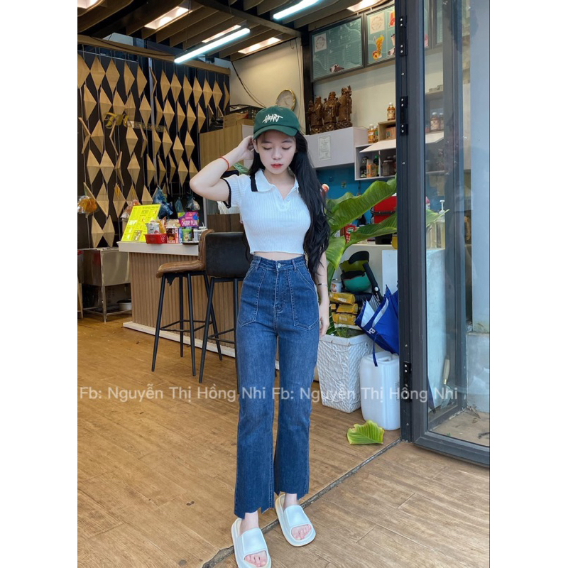 Set Jeans dài co giãn ống đứng rách gấu + crop petter phối viền 🔥 HOT