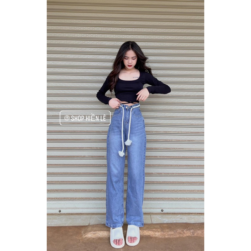 Set Baggy jeans ống suông dây+ Áo croptop cột dây