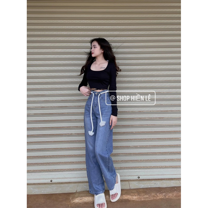 Set Baggy jeans ống suông dây+ Áo croptop cột dây