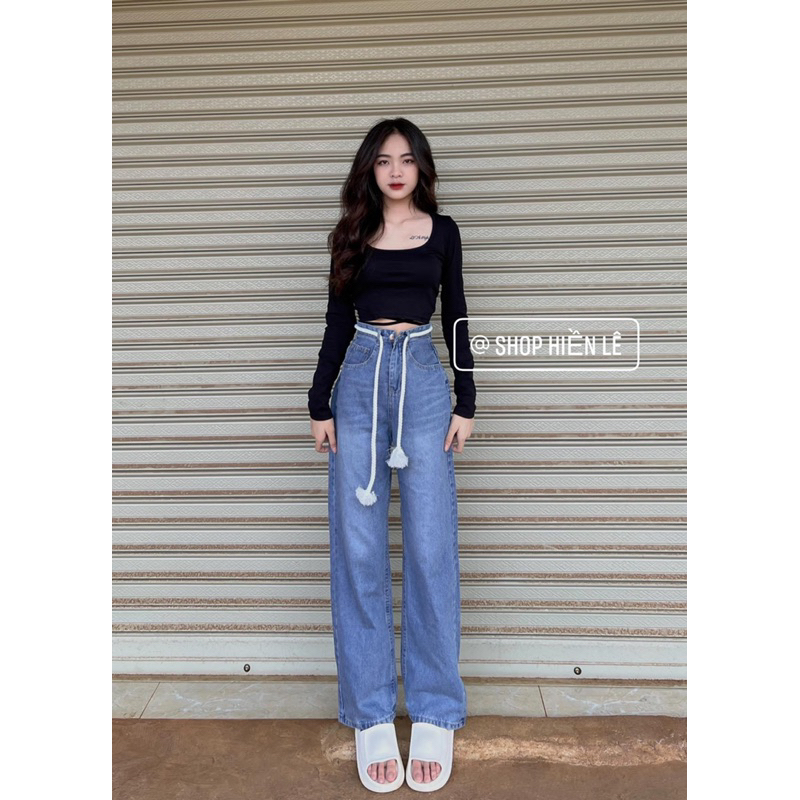 Set Baggy jeans ống suông dây+ Áo croptop cột dây