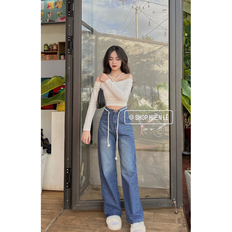 Set Baggy jeans ống suông dây + áo tay dài chéo cổ