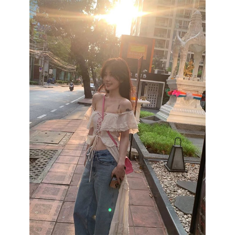 Váy xẻ k cúc đan dây phong cách retro Pháp mùa hè