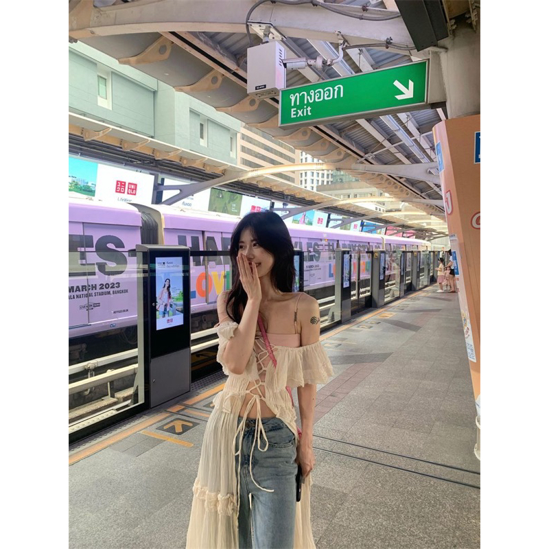 Váy xẻ k cúc đan dây phong cách retro Pháp mùa hè