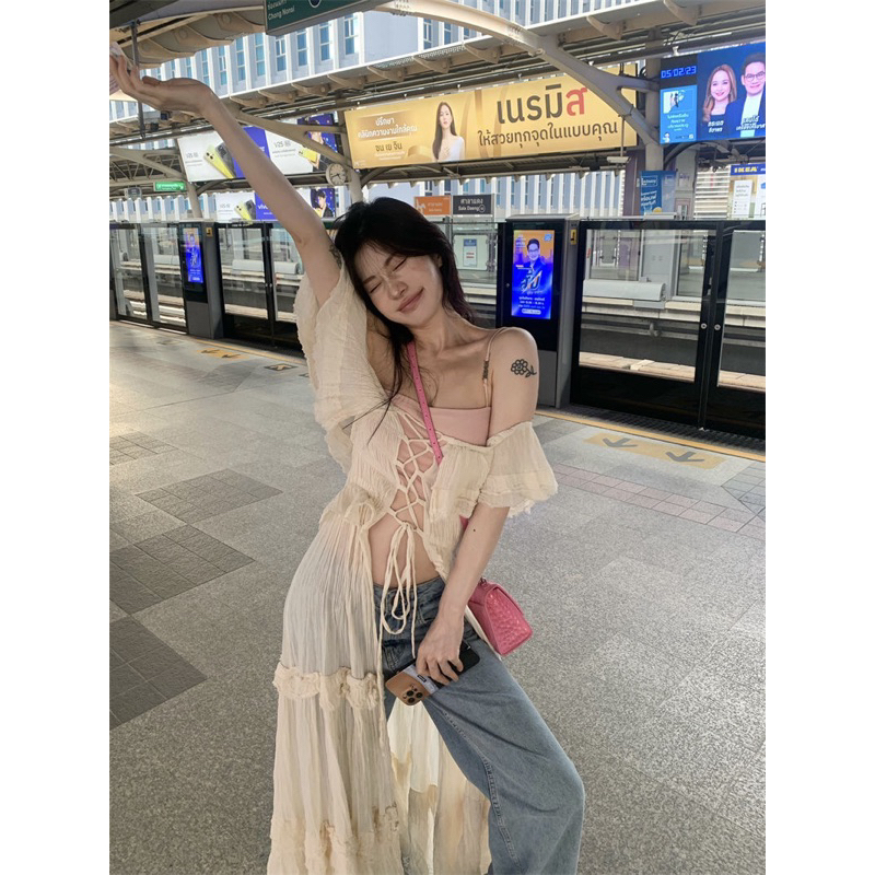 Váy xẻ k cúc đan dây phong cách retro Pháp mùa hè