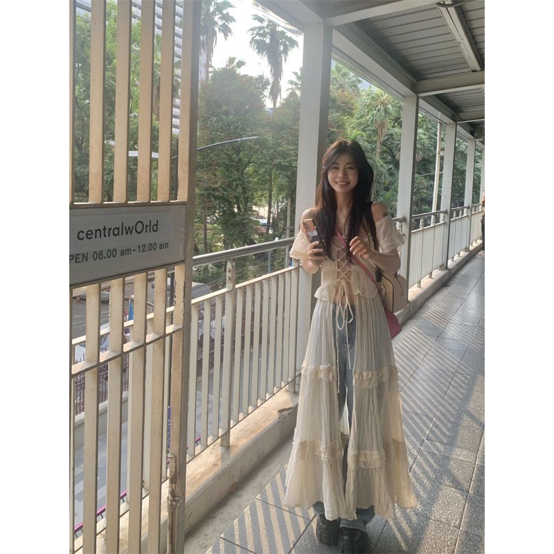 Váy xẻ k cúc đan dây phong cách retro Pháp mùa hè