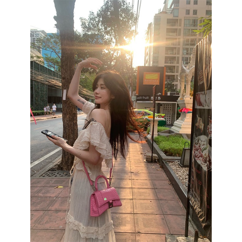 Váy xẻ k cúc đan dây phong cách retro Pháp mùa hè