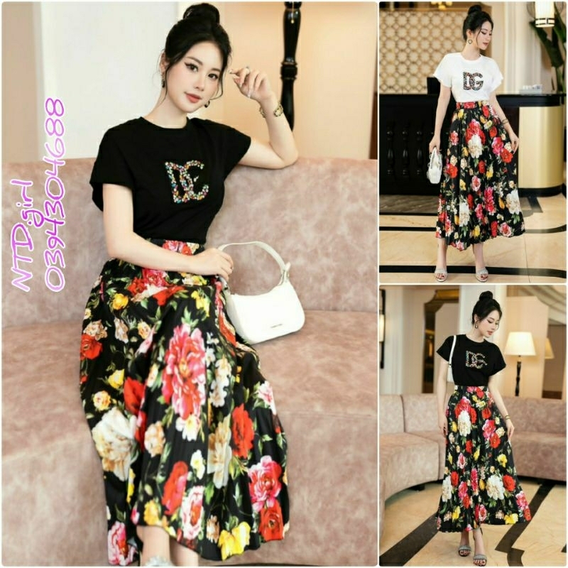 Hàng nhập - Set bộ nữ áo thun kèm chân váy lụa xòe, sét đồ thời trang dạo phố tay ngắn trẻ trung