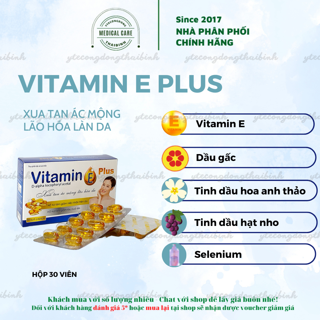 Viên uống VITAMIN E bổ sung Vitamin E nguyên chất giảm nếp nhăn chống lão hóa Hộp 30 viên nang