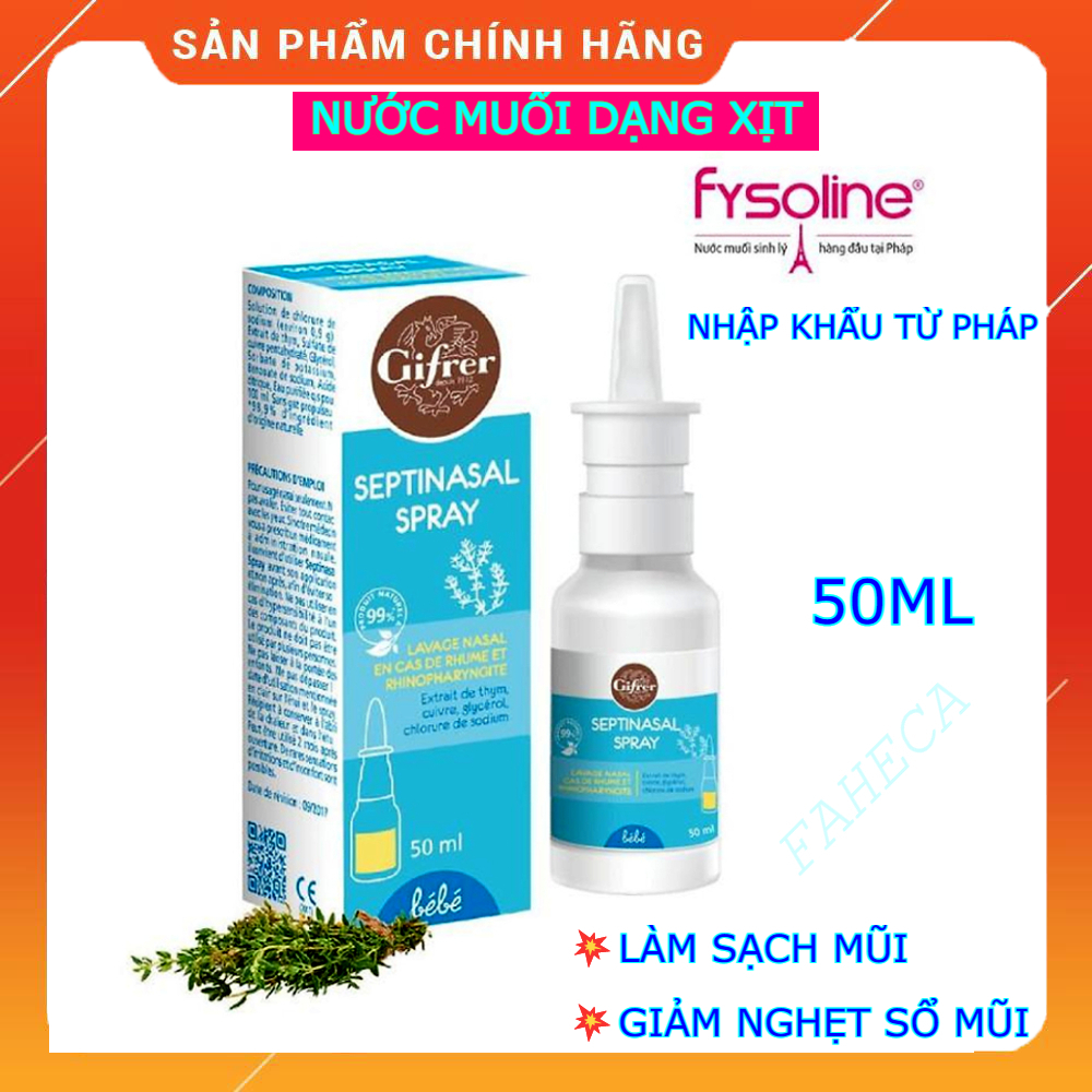 Nước muối sinh lý dạng xịt GIFRER chai 50ml vệ sinh mũi cho bé, hết ngạt mũi, sổ mũi - Chính hãng