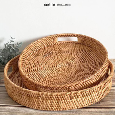 Khay Mây Tròn Có Tay Cầm ONGTRE, Khay Phục Vụ, Đựng Trà Bánh, Đồ Ăn, Nhà Hàng, Khách Sạn