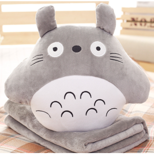 Bộ Gối mền 3 trong 1 kèm đút tay mèo Totoro tròn chăn lông 2 mặt (Xám)