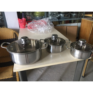 HOT SALE!!! Bộ 3 Nồi INOX, Nắp thuỷ tinh MeiMan + Tặng 2 miếng cước rửa chén