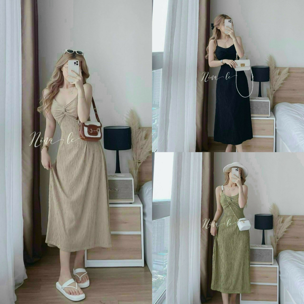 Đầm midi hai dây xoắn ngực họa tiết sọc thích hợp đi chơi, dạ hội, đi