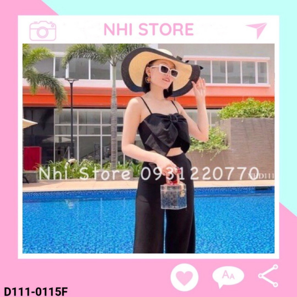 Set Đồ Kiểu Nhistore Áo 2 Dây Nơ Ngực Có Mút Quần Dài Ống Rộng Tôn Dáng Freesize Dưới 57kg