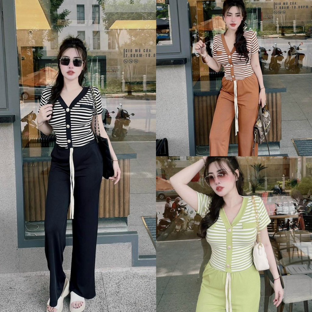Set bộ đồ nữ gân kẻ sọc đính nút siêu xinh áo tay ngắn cổ chữ V phối quần ống rộng sang chảnh, dành cho các nàng đi chơi