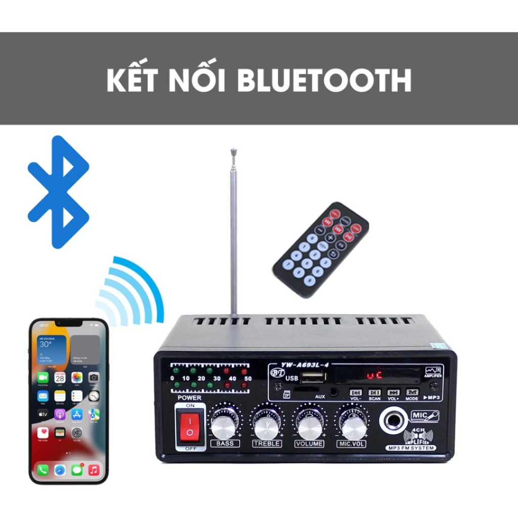 Bộ khếch đại âm thanh Amply karaoke Bluetooth MINI YW-A693L-4 cho xe hơi, loa công suất nhỏ, âm thanh hay lọc tap âm tốt
