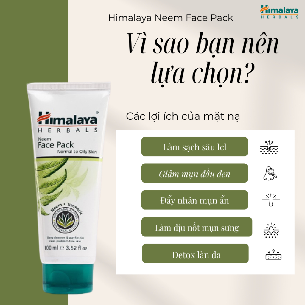 Mặt nạ đất sét loại bỏ mụn làm sạch dầu thừa Himalaya Herbals Neem Face Pack 100ml