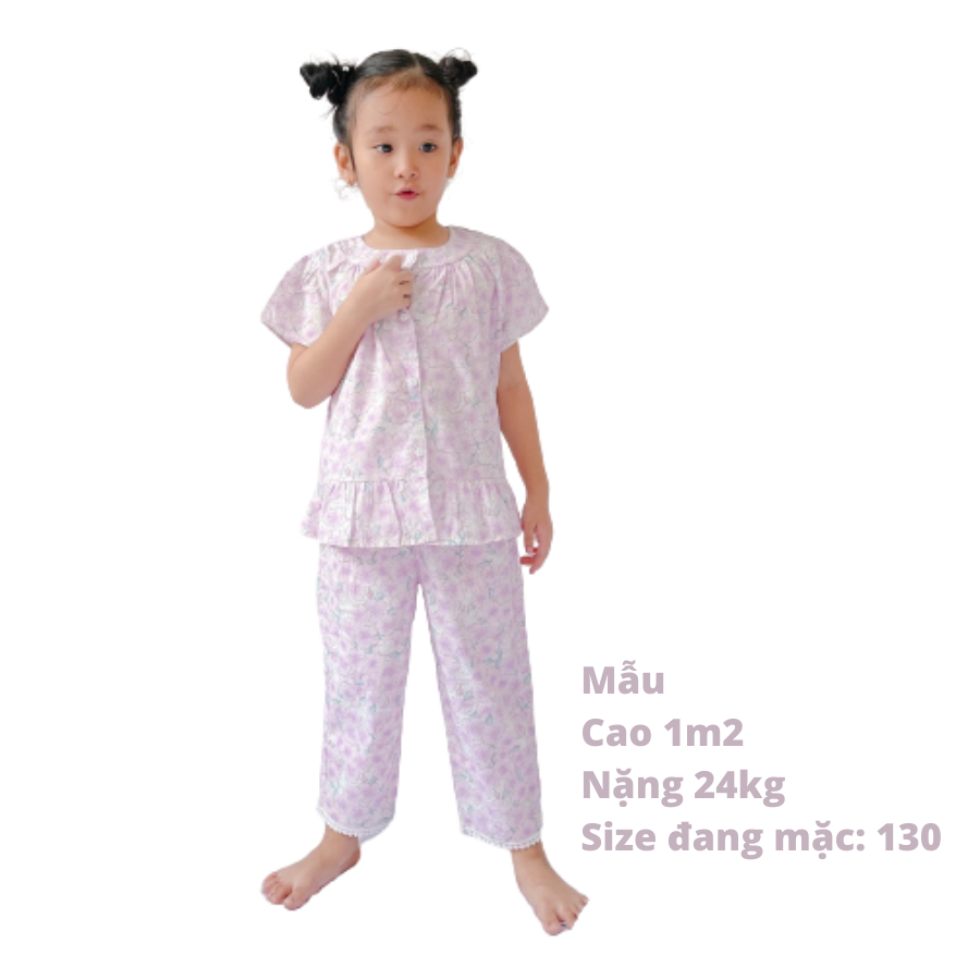 Đồ đôi mẹ và bé gái, bộ lửng dài thô cotton họa tiết hoa xinh mặc nhà mát Áo Lá Homewear AM001 AB001 đồ bộ nữ