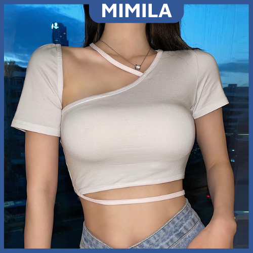 Áo Croptop Tay Ngắn MIMILA Thiết Kế Phối Dây Hở Eo Cá Tính Crt Thun Chất Mát Cho Mùa Hè Phong Cách Hàn Quốc - RA137