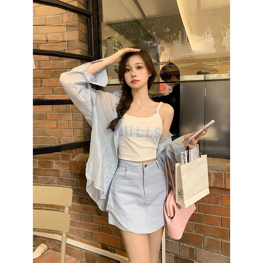 SET 3 MÓN XANH: ÁO 2 DÂY IN CHỮ + ÁO SƠ MI XANH + CHÂN VÁY XANH LAI BẦU (TH) SHEEP