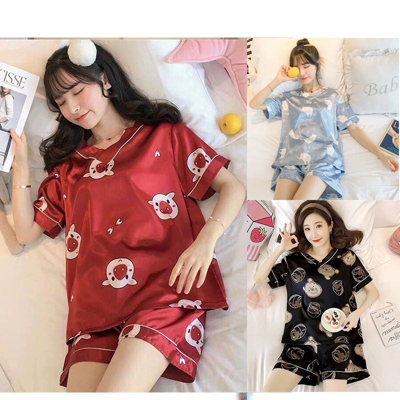 Đồ Bộ Nữ ❤️FREESHIP❤️ Bộ Đồ Ngủ Lụa pijama cộc tay mặc nhà cute hoạt hình họa tiết dễ thương BN23