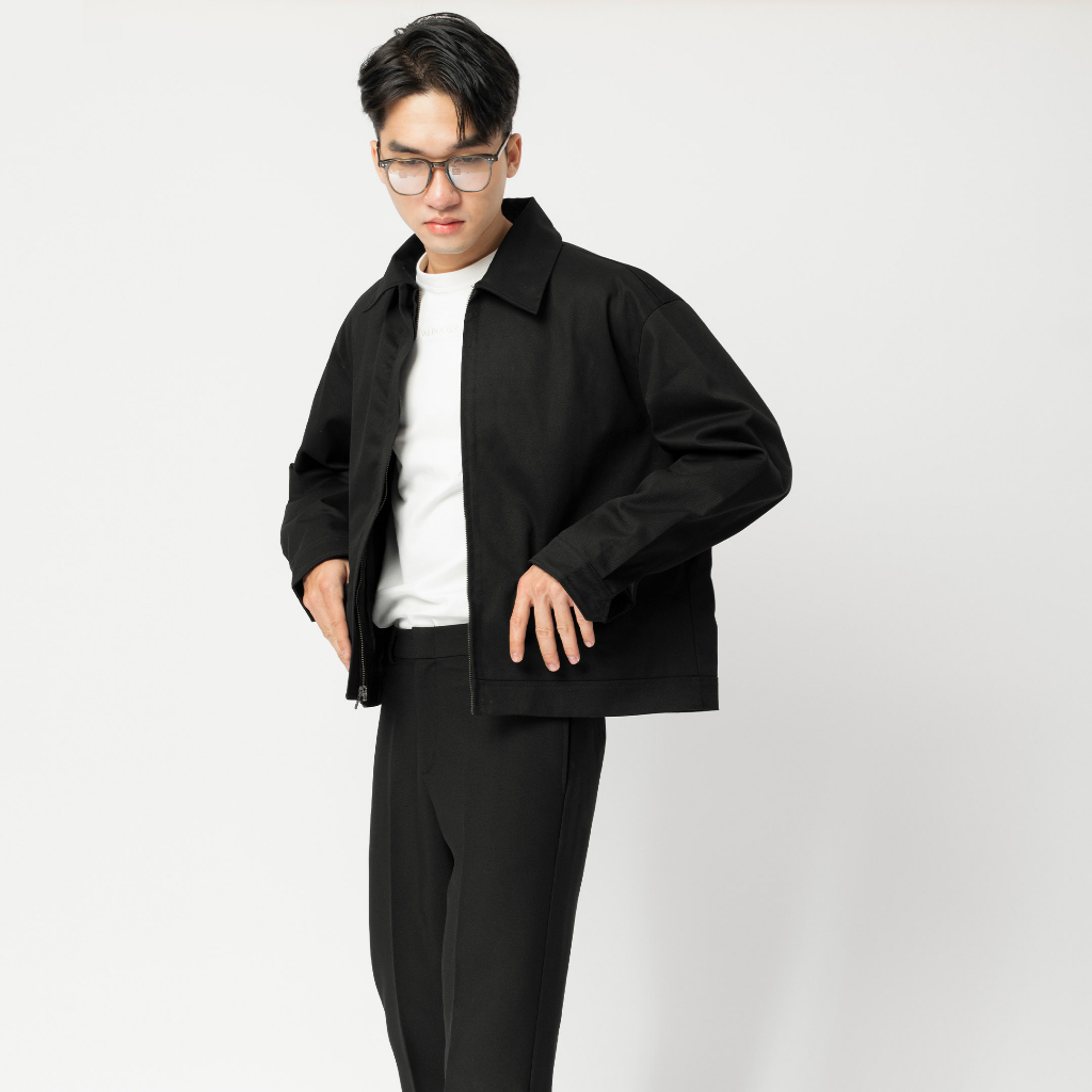 Áo khoác nam croptop mùa hè màu đen chất kaki 2 lớp thoáng mát