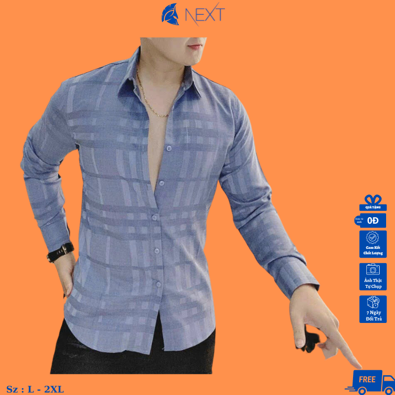 Áo sơ mi nam dài tay công sở mềm mịn thoáng mát, Áo sơ mi cổ trụ kẻ trì sang trọng sỉ ibox