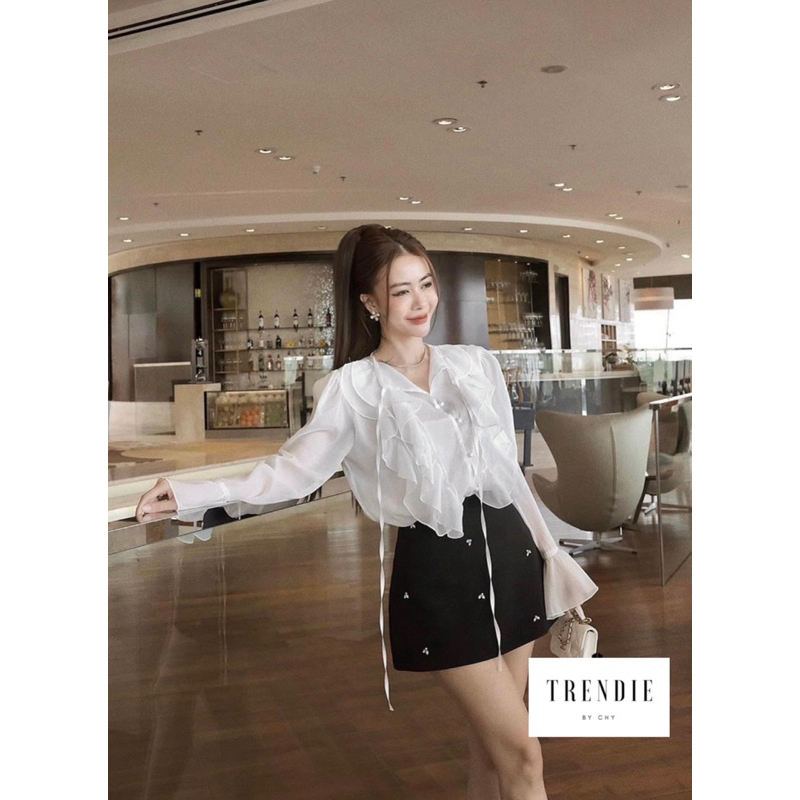🖤 𝐒𝐈𝐋𝐀𝐒 𝐒𝐄𝐓 🖤 Set sơ mi tơ bèo nhúm kết hợp chân váy đính đá siêu sang chảng tiểu thư