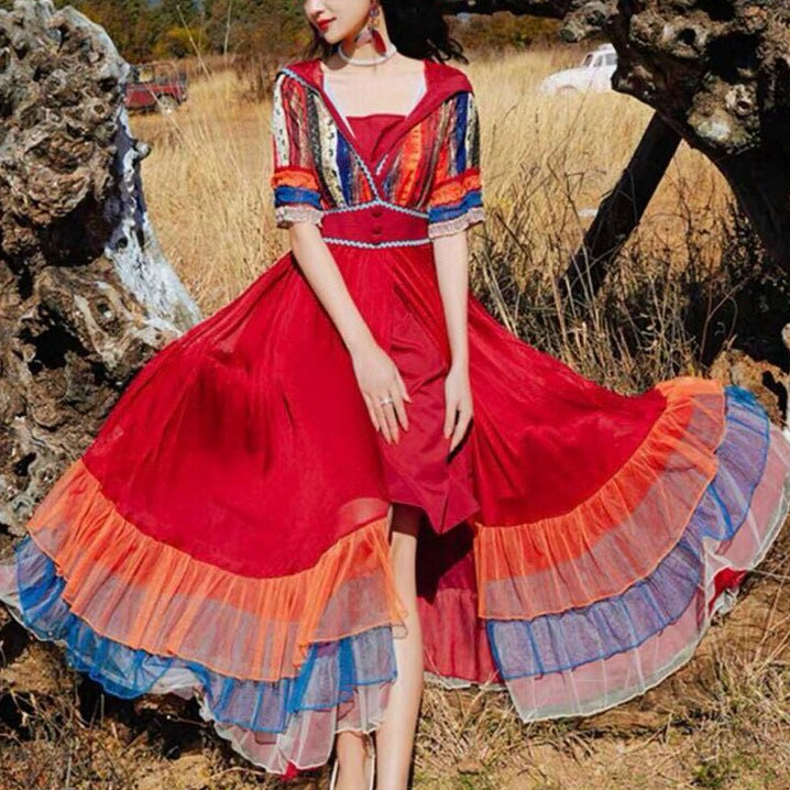 Đầm Maxi Thổ Cẩm Style Boho Tay Dài Bồng Cổ V Tiểu Thư Quảng Châu