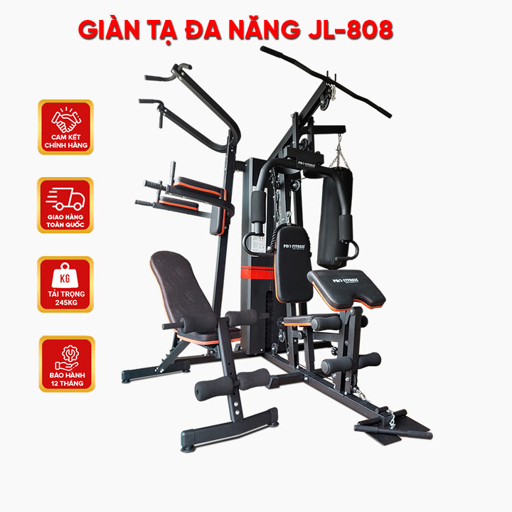 Giàn tạ đa năng JL-808 với trên 30 bài tập ⚡ Máy tập thể hình có xà đơn - xà kép + ghế đẩy tạ + bao đấm boxing