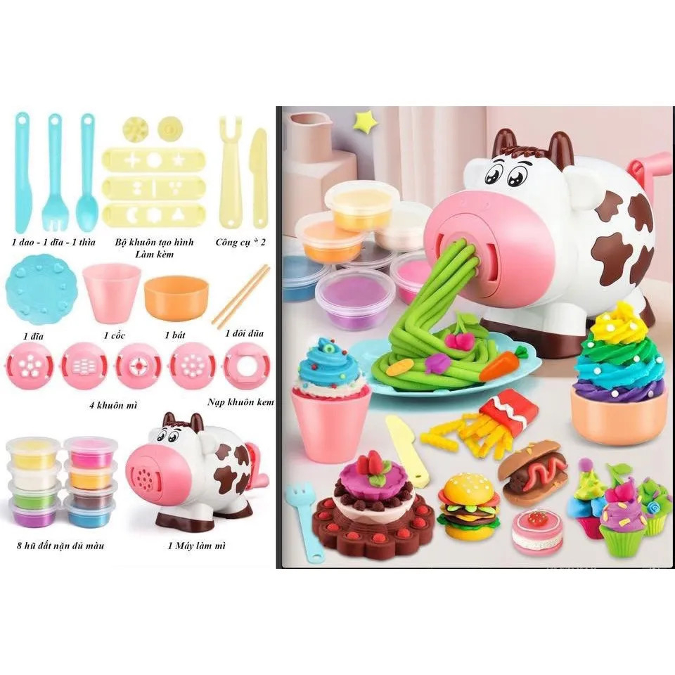 Đồ Chơi Máy Làm Mỳ, Kem, Bánh Từ Đất Nặn Hình Con Heo Màu Hồng Xanh Sáng Tạo Thông Minh Trí Tuệ Dành Cho Bé