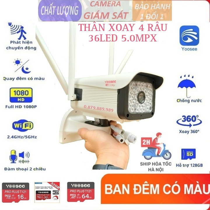 Camera ngoài trời yoosee thân xoay 36led 4 râu quay quét 360 độ, chịu nắng mưa, có màu ban đêm