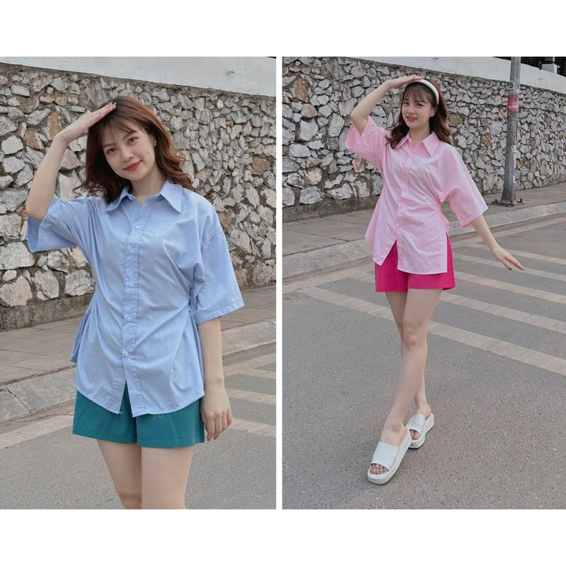 Set áo sơ mi tay lỡ , áo sơ mi cúc bấm eo mix quần thô mềm cimie closet